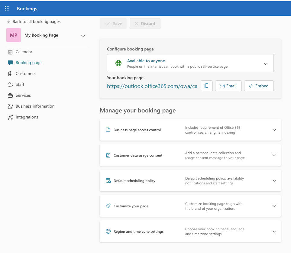 Microsoft Booking page settings